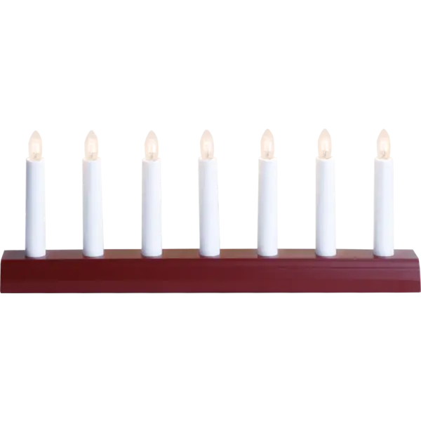 The Candelabra: Star Trading - Ida Red, Electric 7-Light features seven glowing white electric candles positioned in a row on a rectangular brown base, ideal for indoor settings.