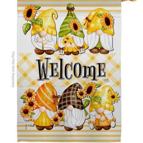 The Flag: Spring Gnomes Garden Floral Gnome Decor Flag features four gnomes in sunflower hats holding sunflowers with a bold WELCOME sign on a yellow checkered background, made from weather-resistant fabric for charming outdoor decor.
