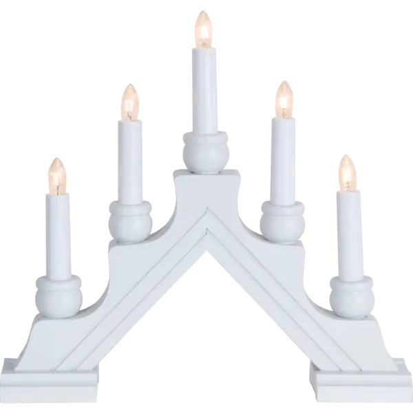 The Star Trading Karin is a white electric 5-light candelabra, featuring candle-shaped bulbs on a stepped base in an arch—classic Swedish Christmas décor and an elegant indoor centerpiece.