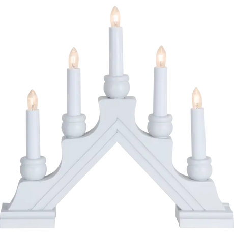 The Star Trading Karin is a white electric 5-light candelabra, featuring candle-shaped bulbs on a stepped base in an arch—classic Swedish Christmas décor and an elegant indoor centerpiece.