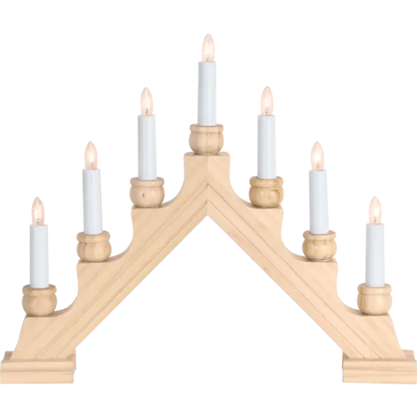 The Candelabra: Karin Natural 7 Light features a triangular wooden design with seven white candles, ideal for enhancing indoor lighting.