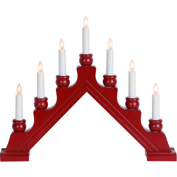 The Star Trading - Karin Electric 7-Light Candelabra, crafted in Sweden from red wood, features a traditional triangular arrangement of seven beautifully lit white candles.