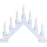 The Candelabra: Star Trading - Karin Electric 7-Light, crafted in Sweden, features a white triangular design with seven lights ascending symmetrically to meet elegantly at the top.