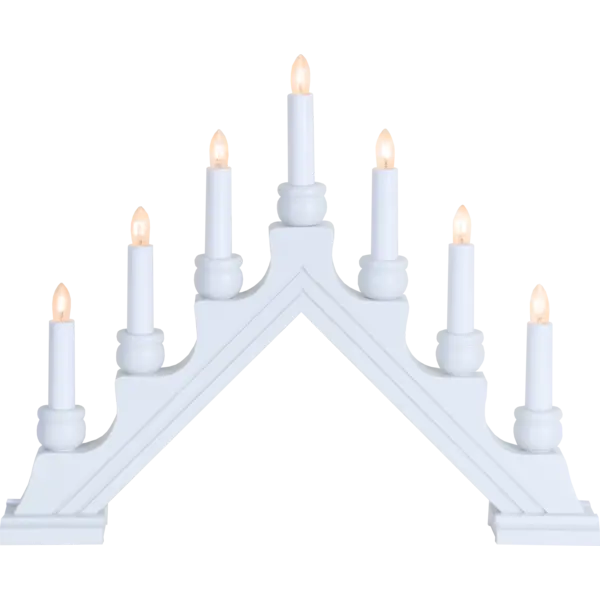 The Candelabra: Star Trading - Karin in white is an electric 7-light V-shaped candlestick featuring candles of ascending height from the center, making it an ideal choice for embracing Swedish Christmas tradition as a charming indoor decoration.