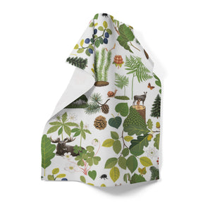 The "Skogsliv" Forest Life Tray by Arvidssons Textil of Sweden (8.5x13 in) features forest plants, pinecones, leaves, mushrooms, berries, and animals like a moose and wolf on a white background.