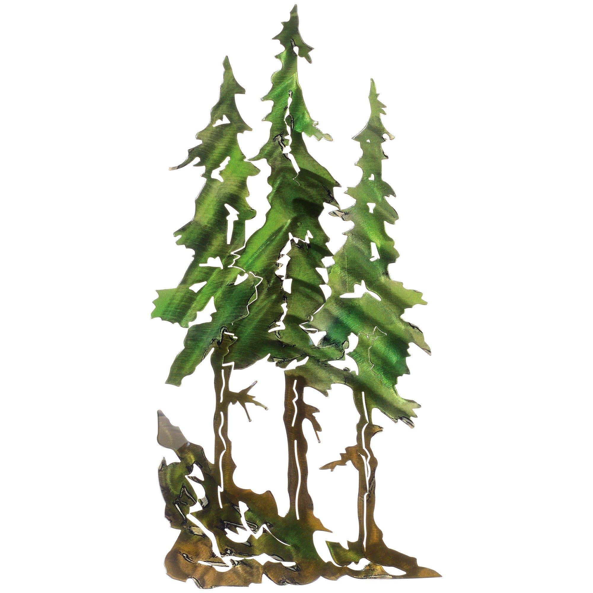 The Pine Tree Metal Wall Art: 22" is a rust-resistant metal sculpture featuring tall pine trees with a green and brown finish, designed for lasting beauty.