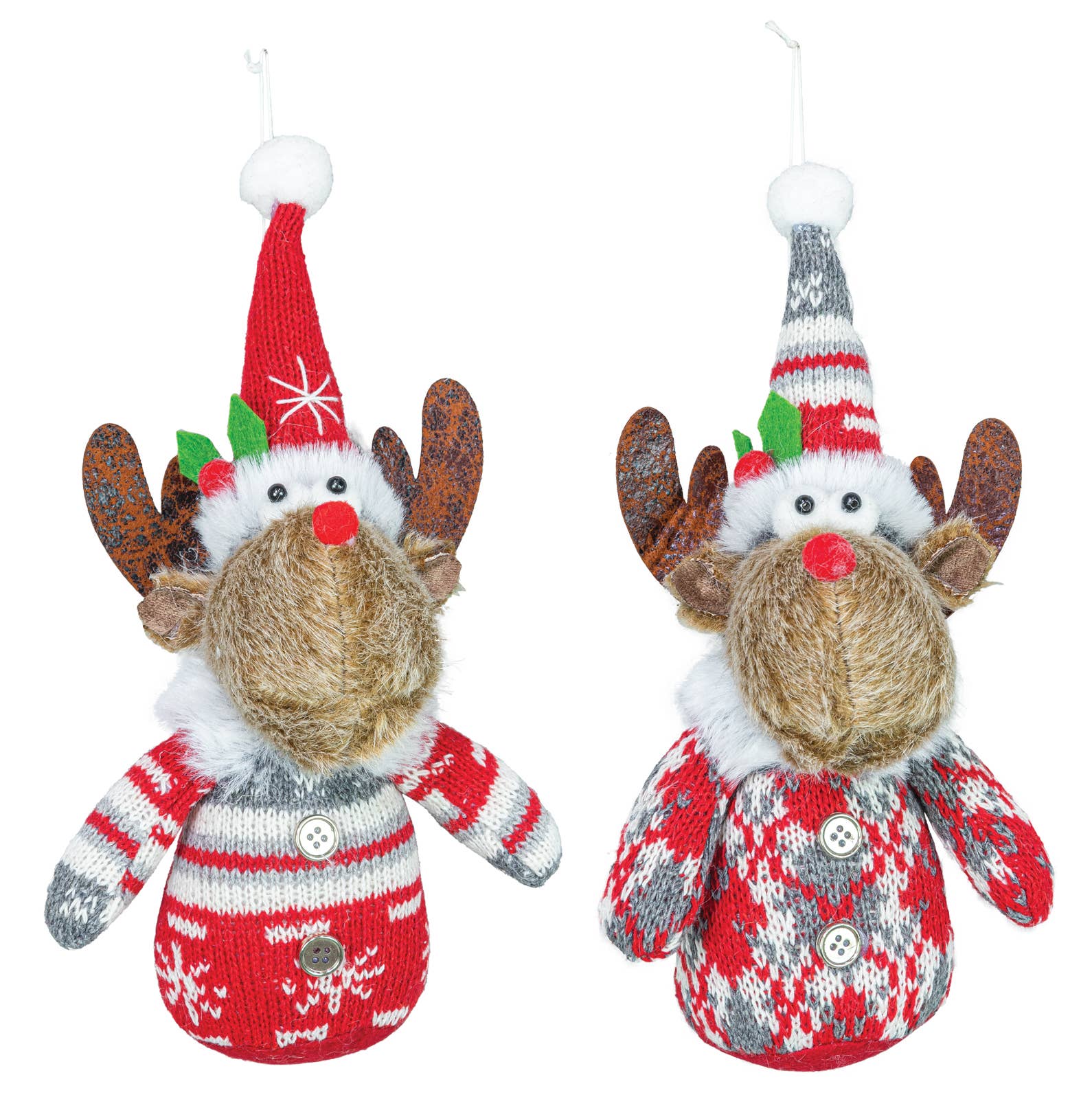 Add wintery charm to your decor with the Gnome: Wintery Moose Table or Hanging Decor—available in 2 options, featuring plush moose wearing knit sweaters and hats in red and white, brown antlers, and loops for easy hanging.