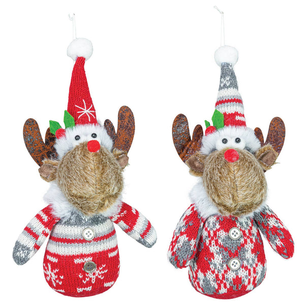 Add wintery charm to your decor with the Gnome: Wintery Moose Table or Hanging Decor—available in 2 options, featuring plush moose wearing knit sweaters and hats in red and white, brown antlers, and loops for easy hanging.
