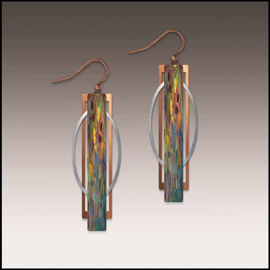 Earrings: Yellow Splash Geometric Multilayer Metal Accent Handmade Earrings feature bold multicolored ovals and rectangles with copper hooks, adding an artistic touch to any outfit.
