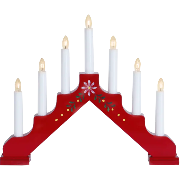 The Star Trading Adam 7 Bright Red Floral Candelabra features seven white electric candles and painted pink flower with green leaves—an ideal Swedish Christmas decoration for windows or tables.