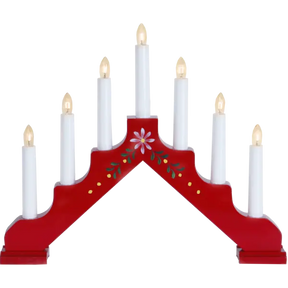 The Star Trading Adam 7 Bright Red Floral Candelabra features seven white electric candles and painted pink flower with green leaves—an ideal Swedish Christmas decoration for windows or tables.