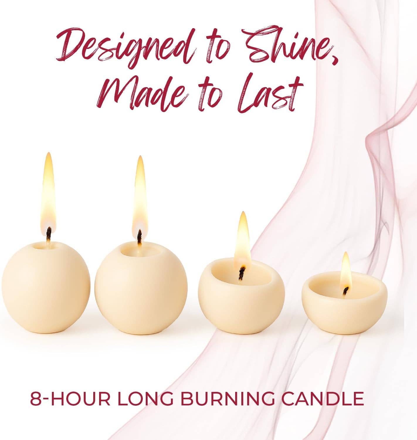 Four round, beige Champagne Ball Candles (2.5" diameter) are lit, with “Designed to Shine, Made to Last” and “8-Hour Long Burning Unscented Decorative Candles” displayed above and below.