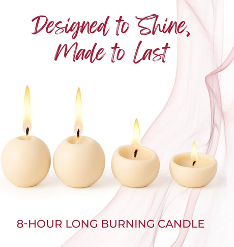 Four round, beige Champagne Ball Candles (2.5" diameter) are lit, with “Designed to Shine, Made to Last” and “8-Hour Long Burning Unscented Decorative Candles” displayed above and below.