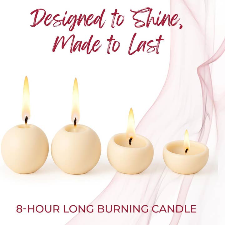 Four seafoam green ball candles (2.5" diameter) are lit, with “Designed to Shine, Made to Last” above and “8-Hour Long Burning Unscented Candles” below.