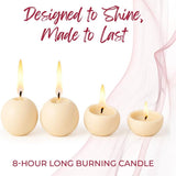 Four seafoam green ball candles (2.5" diameter) are lit, with “Designed to Shine, Made to Last” above and “8-Hour Long Burning Unscented Candles” below.