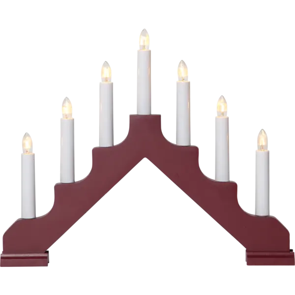 The Star Trading Ada Red Electric 7-Light Candelabra features seven white lights in a stepped arch on a dark red base, making it an elegant decorative accent for indoor spaces.