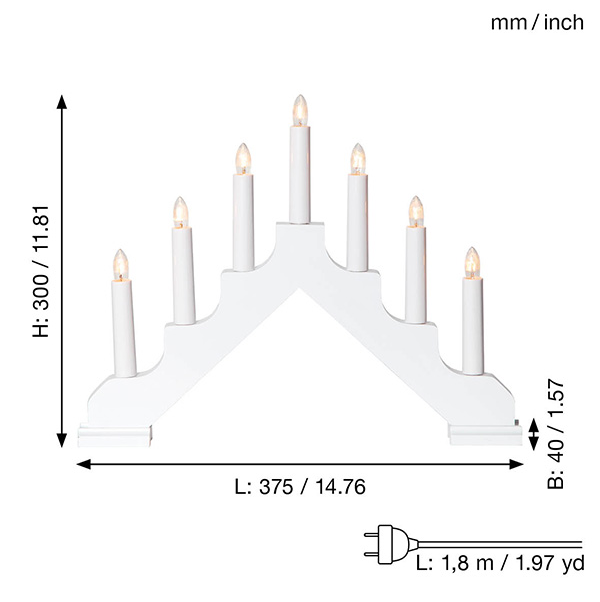 The Star Trading Ada White Electric 7-Light Candelabra features an elegant arch, stands 300 mm (11.8 in) high, 375 mm (14.8 in) wide, and comes with a 1.8 m (70.9 in) power cord—measurements are shown in mm and inches.