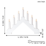 The Star Trading Ada White Electric 7-Light Candelabra features an elegant arch, stands 300 mm (11.8 in) high, 375 mm (14.8 in) wide, and comes with a 1.8 m (70.9 in) power cord—measurements are shown in mm and inches.