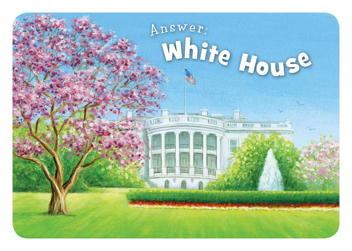 An illustration of the White House features a blooming tree in the foreground and a fountain on the lawn, evoking a scene straight out of *Book: Little America*. The phrase "Answer: White House" is set against the sky, highlighting the enchanting rhymes that fill each riddle.