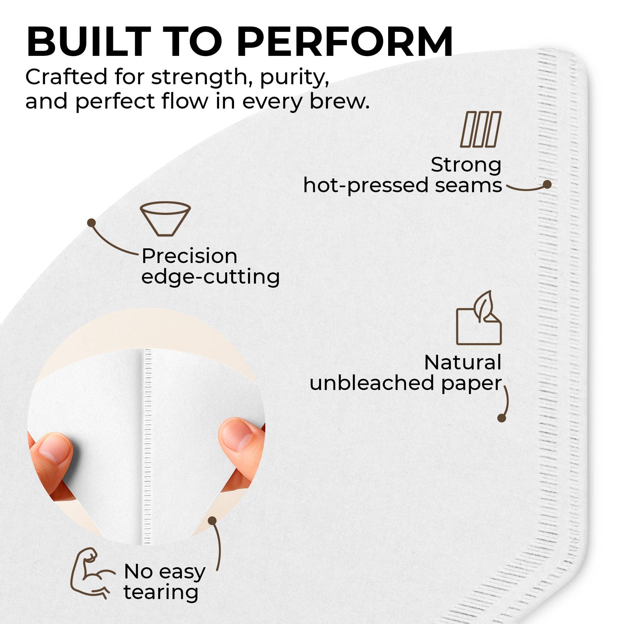Close-up of Coffee Filters: Organic Premium Coffee Filters #2—crafted from natural, unbleached paper with hot-pressed seams and precise edge-cutting for strength and no easy tearing, ideal for 4–6 cup coffee makers.