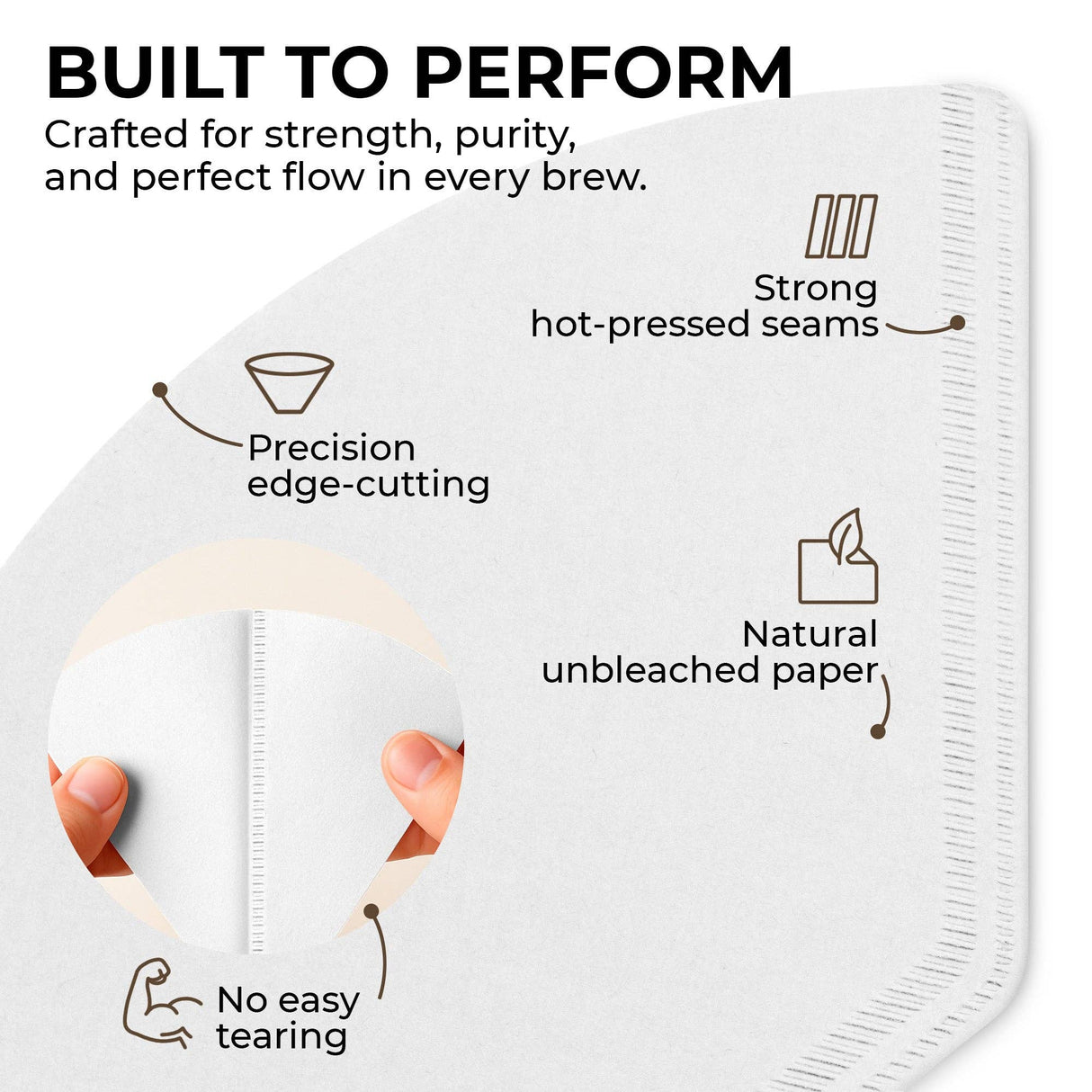 Close-up of Coffee Filters: Organic Premium Coffee Filters #2—crafted from natural, unbleached paper with hot-pressed seams and precise edge-cutting for strength and no easy tearing, ideal for 4–6 cup coffee makers.