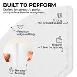 Close-up of Coffee Filters: Organic Premium Coffee Filters #2—crafted from natural, unbleached paper with hot-pressed seams and precise edge-cutting for strength and no easy tearing, ideal for 4–6 cup coffee makers.