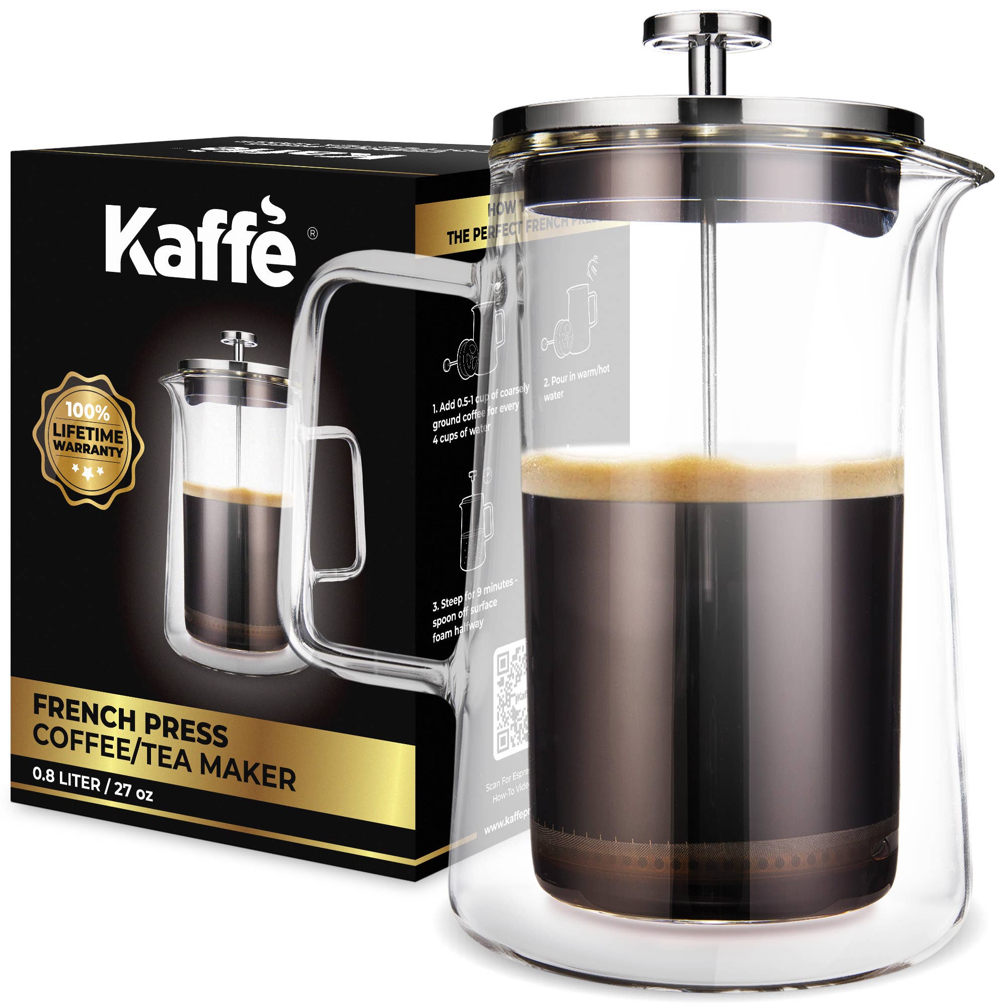 The Kaffe French Press Coffee Maker – Double-Wall Borosilicate Glass (0.8L) is filled with coffee and placed next to its Kaffe packaging box.