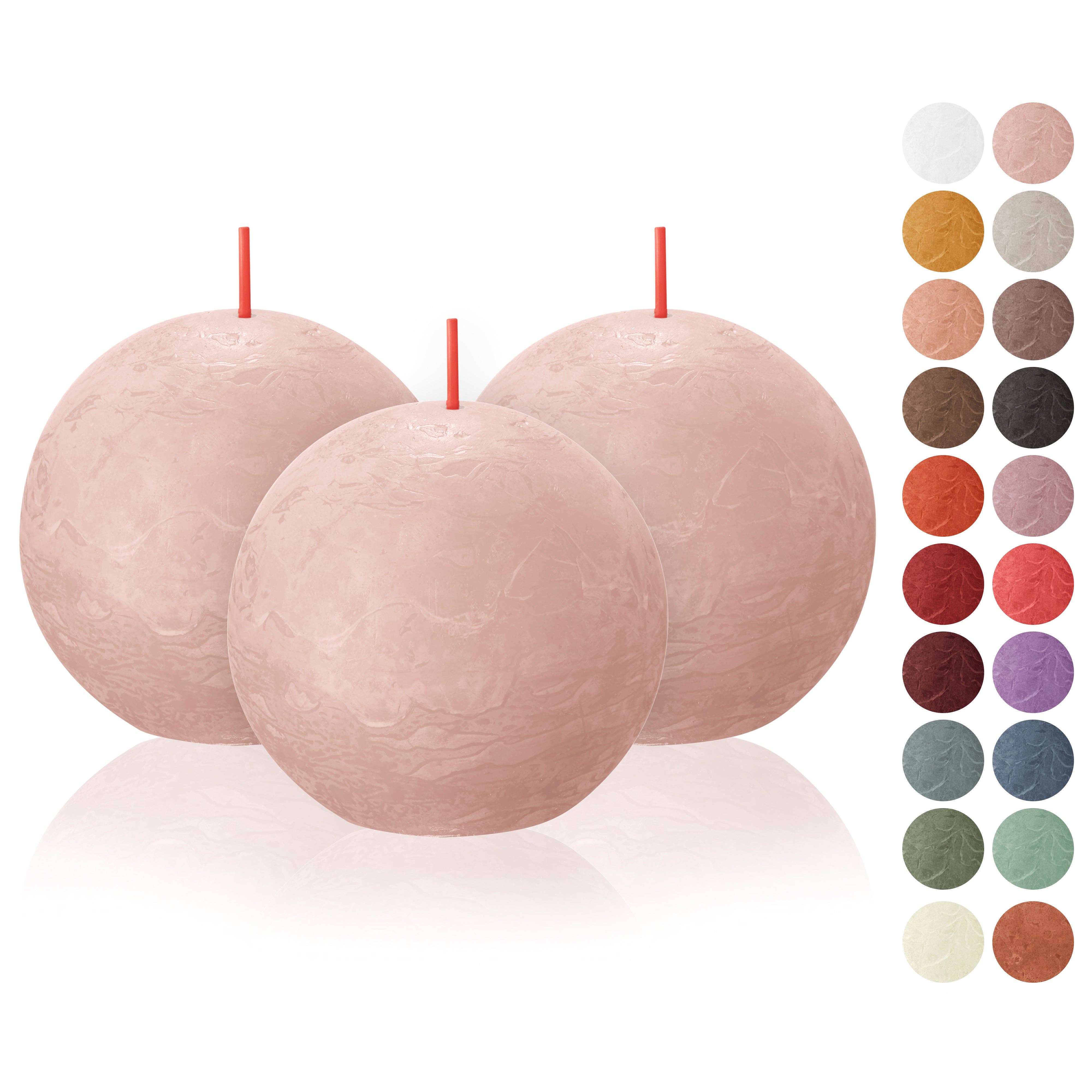 Displayed are three large Blossom Pink Rustic 3" Ball Candles, crafted from eco-friendly and plant-based wax. To the right, a collection of 24 smaller circles illustrates the array of available color options, all featuring unscented and dripless properties for a clean burn.