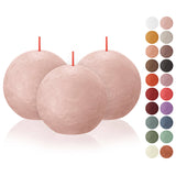 A Misty Pink Rustic 3" Ball Candle is displayed in front of a selection of 20 small circles, each showing a different available candle color.