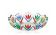 Clear Murano glass bowl with scalloped edges, decorated with etched red, blue, yellow, and green flower and leaf patterns.