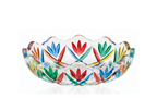 Clear Murano glass bowl with scalloped edges, decorated with etched red, blue, yellow, and green flower and leaf patterns.