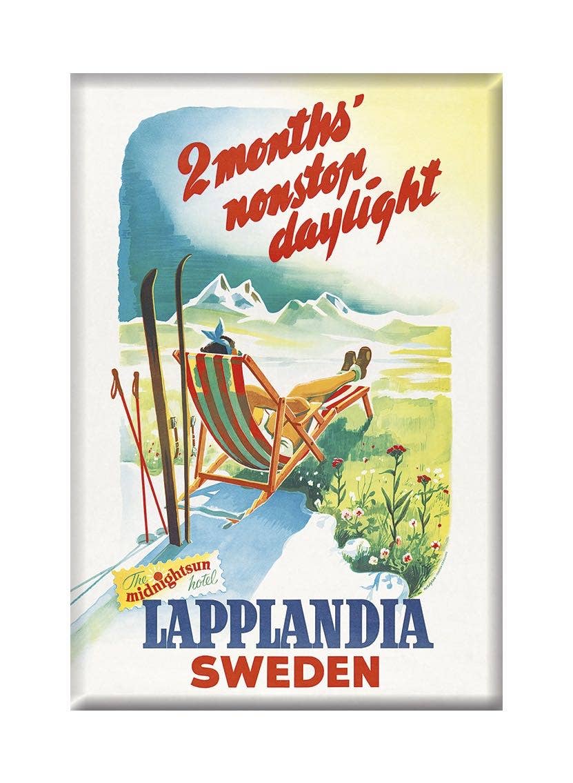 This vintage Swedish travel poster celebrates 2 months nonstop daylight in Lapplandia, featuring a person lounging in a Lapplandia Sunchair. Skis and a mountainous backdrop complete the scene, making the Magnet: Lapplandia Sunchair, Magnets ideal for your fridge magnet collection.