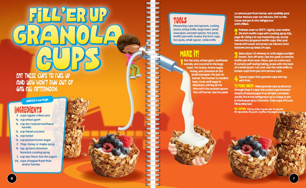 Discover the illustrated granola cups recipe from the *Better Homes and Gardens New Junior Cook Book*, perfect for young chefs. This fun guide includes all ingredients, necessary tools, and easy-to-follow steps. A lively cartoon character adds milk to a cup brimming with fruit and berries, set against a vibrant orange background. It’s both entertaining and delicious, with an emphasis on food safety!