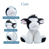 The Petting Zoo Plush: Cow 8″ (20cm) Wild Onez Cow Stuffed Animal is an eco-friendly plush cow toy featuring durable stitching and made from recycled materials with ultra-soft black and white fur, pink ears, and a tuft of black hair for cozy cuddles. Three circular insets showcase close-up details of this adorable stuffed animal.