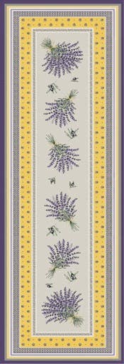 A rectangular design featuring a lavender theme with purple flowers and bees on a light background, framed by intricate patterns similar to the Luxe Lavender & Olive Jacquard Yellow Table Runner.