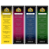 This set of 4 vertical bookmarks (2.5" × 8.5") features Swedish proverbs in Swedish and English, themed Humor & Humanity, Everyday Wisdom, Life & People, and Nature & Patience—perfect for sharing cherished Scandinavian wisdom.
