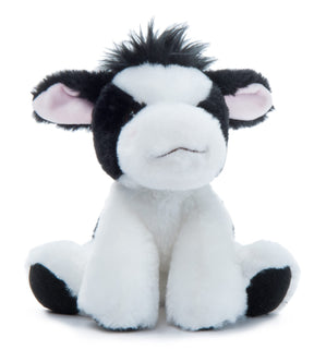 The Petting Zoo’s Plush: Cow 8″ (20cm) Wild Onez Cow Stuffed Animal features soft black and white fur, black ears with pink interiors, and a tuft of black hair on its head. Sitting upright against a white background, this eco-friendly plush toy is thoughtfully crafted from recycled materials.