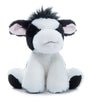 The Petting Zoo’s Plush: Cow 8″ (20cm) Wild Onez Cow Stuffed Animal features soft black and white fur, black ears with pink interiors, and a tuft of black hair on its head. Sitting upright against a white background, this eco-friendly plush toy is thoughtfully crafted from recycled materials.