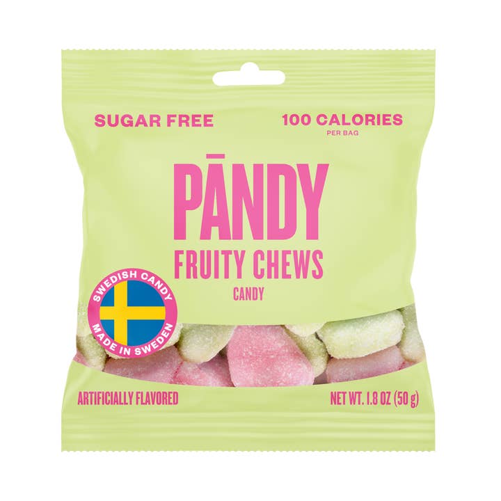 A bag of Candy: Pandy - Sugar Free Fruity Chews (1.8oz), showcasing sugar-free gummies with only 100 calories per bag and boasting their Swedish origin, is encased in light green packaging that hints at the delightful mix of pink and white treats within.