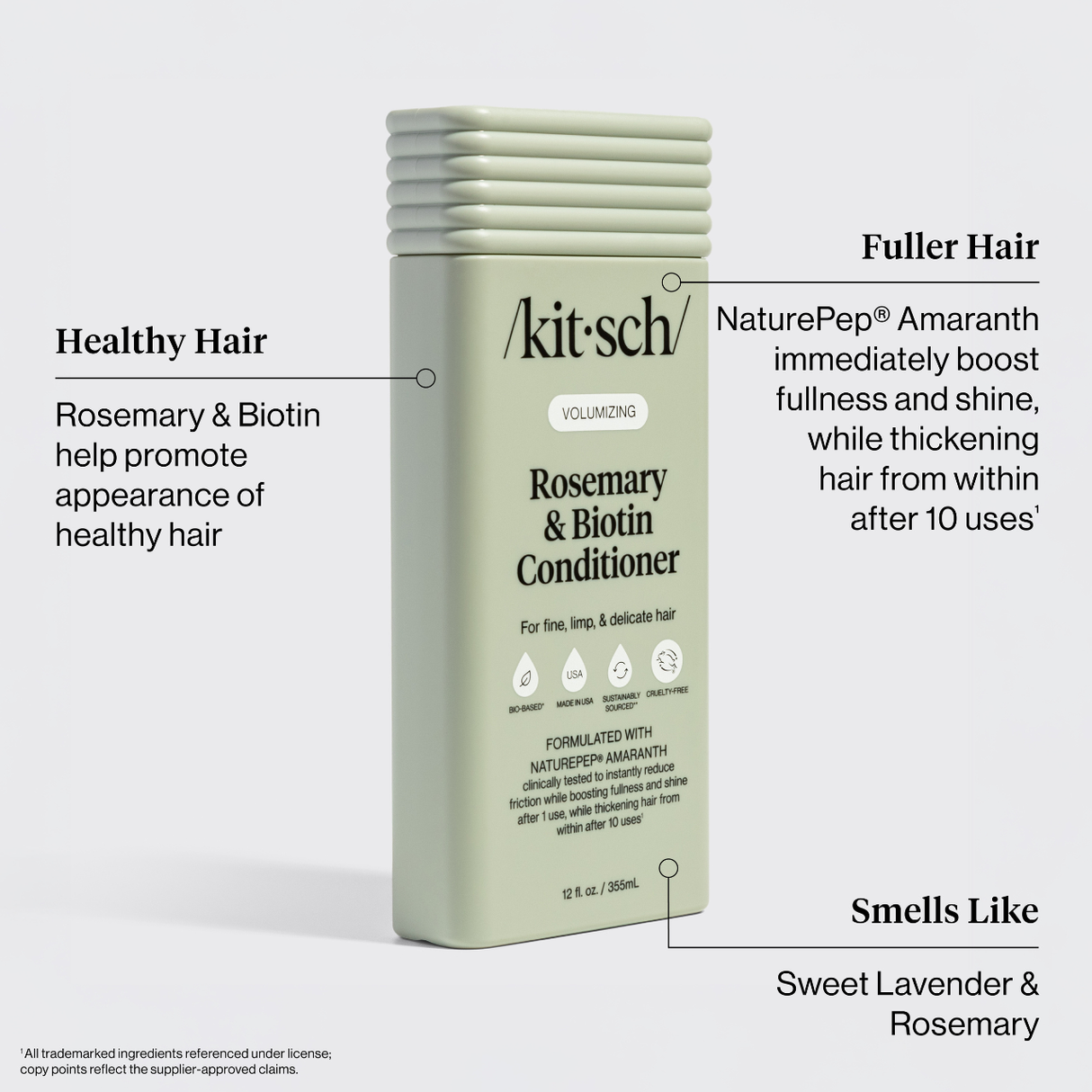 A 12 fl oz bottle of Hair: Volumizing Rosemary & Biotin Conditioner offers healthy, fuller hair with sweet lavender and rosemary scent—your go-to thickening conditioner.