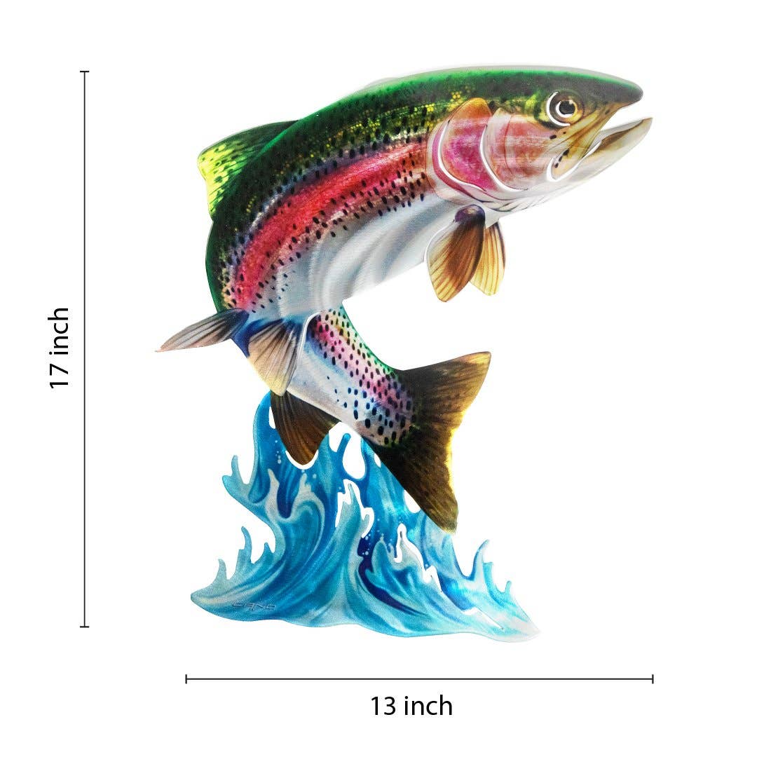 Introducing the "Jumping Trout Wall Art," a beautifully crafted wall decor piece featuring an illustration of a rainbow trout leaping above stylized blue waves. Made from weather-resistant American steel, this art measures 17 inches in height and 13 inches in width.