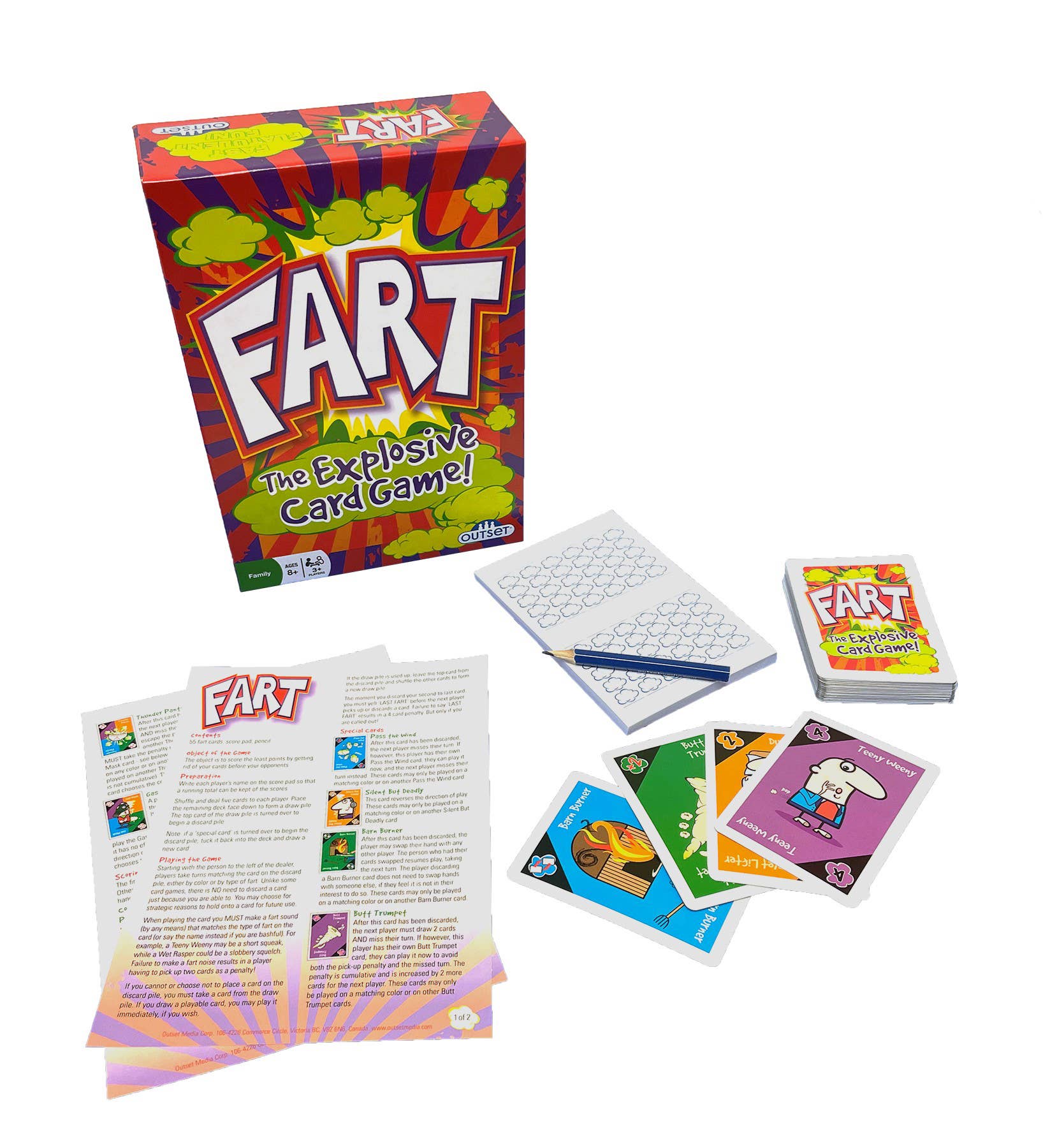 The Game: Fart box Board Game is packed with flatulent fun, featuring vibrant graphics, instruction sheets, playing cards, score sheets, and a pencil all neatly displayed.