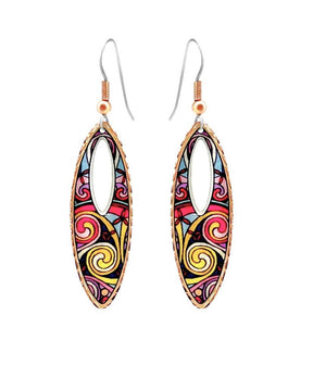 Handcrafted copper tear drop earrings with red & silver geometric design and cut out. Hypoallergenic and perfect for stylish everyday wear.