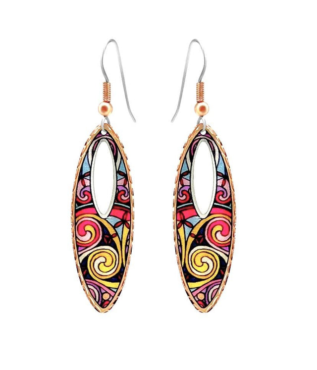 Handcrafted copper tear drop earrings with red & silver geometric design and cut out. Hypoallergenic and perfect for stylish everyday wear.