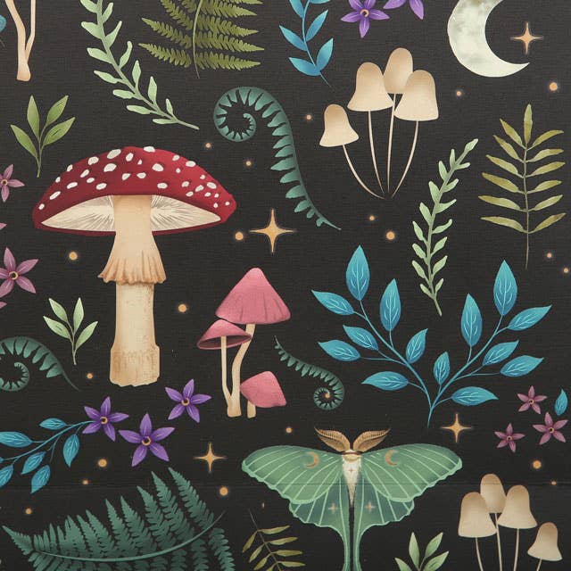 The gift bag features an illustrated pattern showcasing mystical elements like mushrooms, ferns, small flowers, a moth, and a crescent moon on a dark background. It's perfect for the Dark Forest Mushroom Bag (7.5"w x 9"h x 3.5"d) or any printed gift bag.
