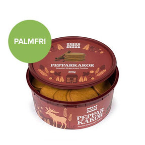 The red Nyakers Pepparkakor Swedish Gingersnap Cookies tub holds tasty cookies, marked with a green PALMFRI circle. This echoes their classic 1952 gingerbread recipe.