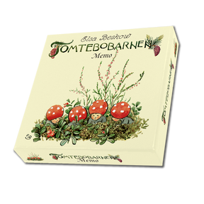 The cream-colored box for the Game: Elsa Beskow Children of the Forest Memory Game shows four gnome children from Beskow’s story sitting among red mushrooms and plants in this charming memory game.