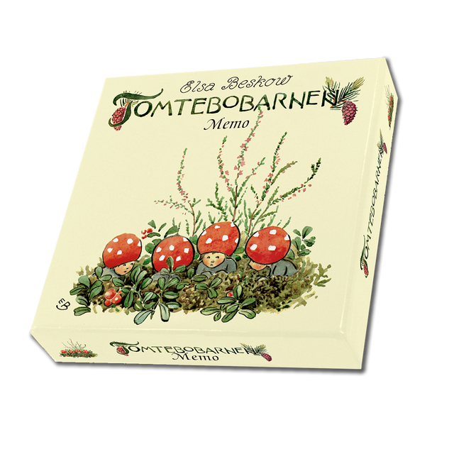 The cream-colored box for the Game: Elsa Beskow Children of the Forest Memory Game shows four gnome children from Beskow’s story sitting among red mushrooms and plants in this charming memory game.