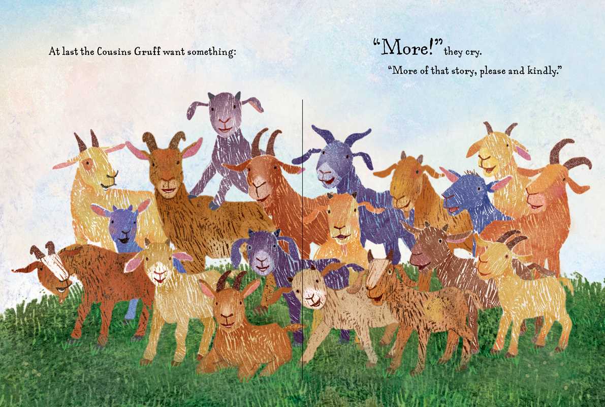 A group of colorful goats stands on green grass beneath a blue sky, with text above inviting more story in Book: Three Billy Goats Gruff—the FULL Story by Richard Jackson (Hardcover, 48 pages), a picture book retelling the classic fairy tale.