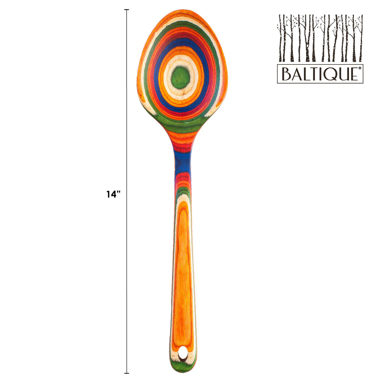 Birch serving spoon with multicolored, layered rings along the handle; Baltique logo and tree silhouettes visible in the upper right corner.